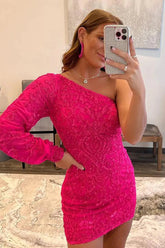 Misshow Hot Pink Beaded Sequins One Shoulder Tight Homecoming Dress/Mini Dress