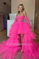 Misshow Hot Pink High Low Detachable Sleeves Corset Homecoming Dress/Mini Dress with Lace