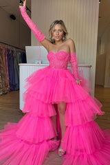 Misshow Hot Pink High Low Detachable Sleeves Corset Homecoming Dress/Mini Dress with Lace