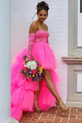 Misshow Hot Pink High Low Detachable Sleeves Corset Homecoming Dress/Mini Dress with Lace