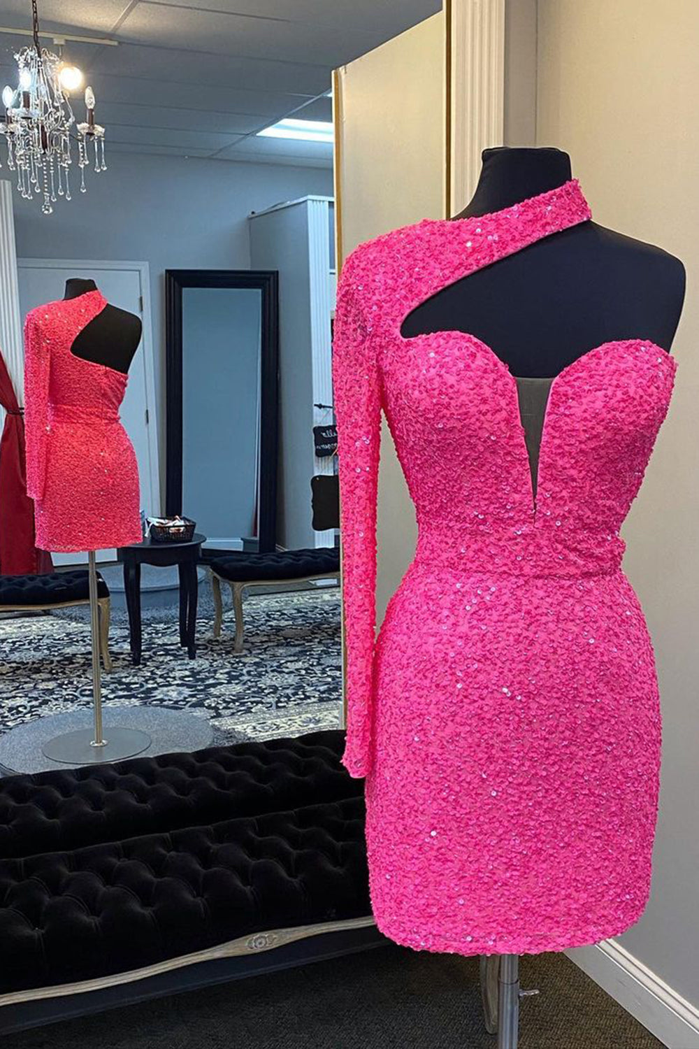 Misshow Hot Pink One Shoulder One Sleeves Tight Sequins Short Homecoming Dress/Mini Dress