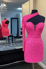 Misshow Hot Pink One Shoulder One Sleeves Tight Sequins Short Homecoming Dress/Mini Dress