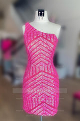 Misshow Hot Pink One Shoulder Sequins Tight Short Homecoming Dress/Mini Dress