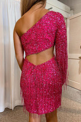 Misshow Hot Pink Open Back One Shoulder Sequins Tight Homecoming Dress/Mini Dress
