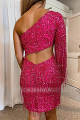 Misshow Hot Pink Open Back One Shoulder Sequins Tight Homecoming Dress/Mini Dress