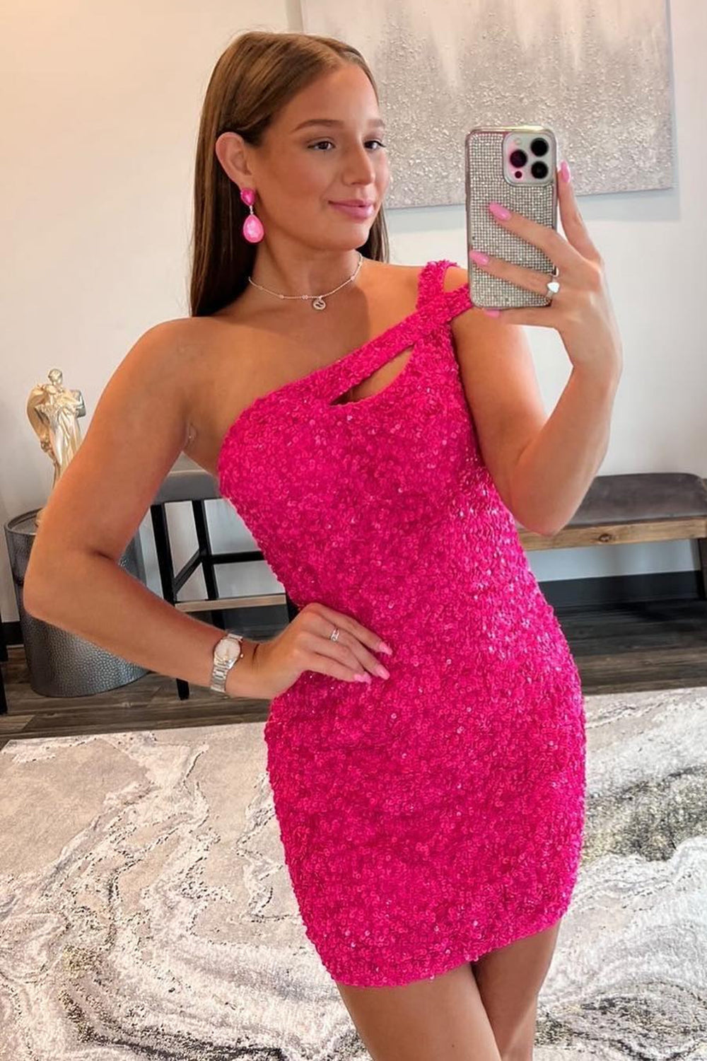 Misshow Hot Pink Open Back One Shoulder Tight Sequins Homecoming Dress/Mini Dress