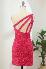 Misshow Hot Pink Open Sequins One Shoulder Tight Homecoming Dress/Mini Dress
