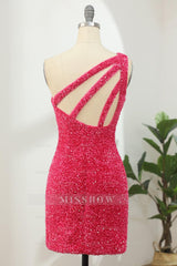 Misshow Hot Pink Open Sequins One Shoulder Tight Homecoming Dress/Mini Dress