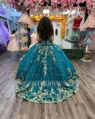 Misshow Hunter Green Quinceanera Dress Gold Lace Applique Sequined Beaded Ball Gown with V-Neck Straps & Tulle Skirt for Sweet 16 & Evening Galas