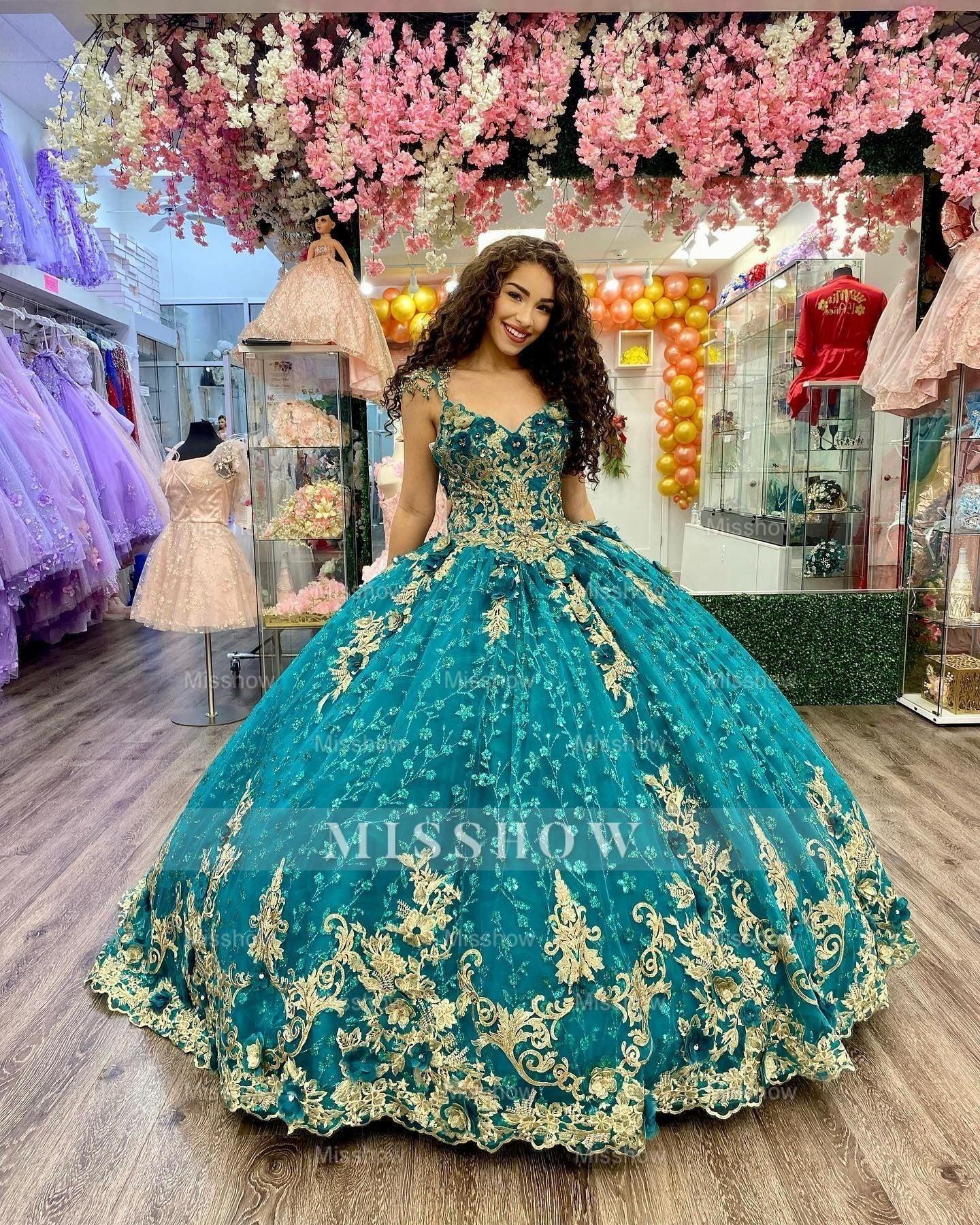Misshow Hunter Green Quinceanera Dress Gold Lace Applique Sequined Beaded Ball Gown with V-Neck Straps & Tulle Skirt for Sweet 16 & Evening Galas