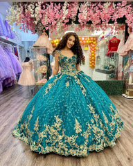 Misshow Hunter Green Quinceanera Dress Gold Lace Applique Sequined Beaded Ball Gown with V-Neck Straps & Tulle Skirt for Sweet 16 & Evening Galas