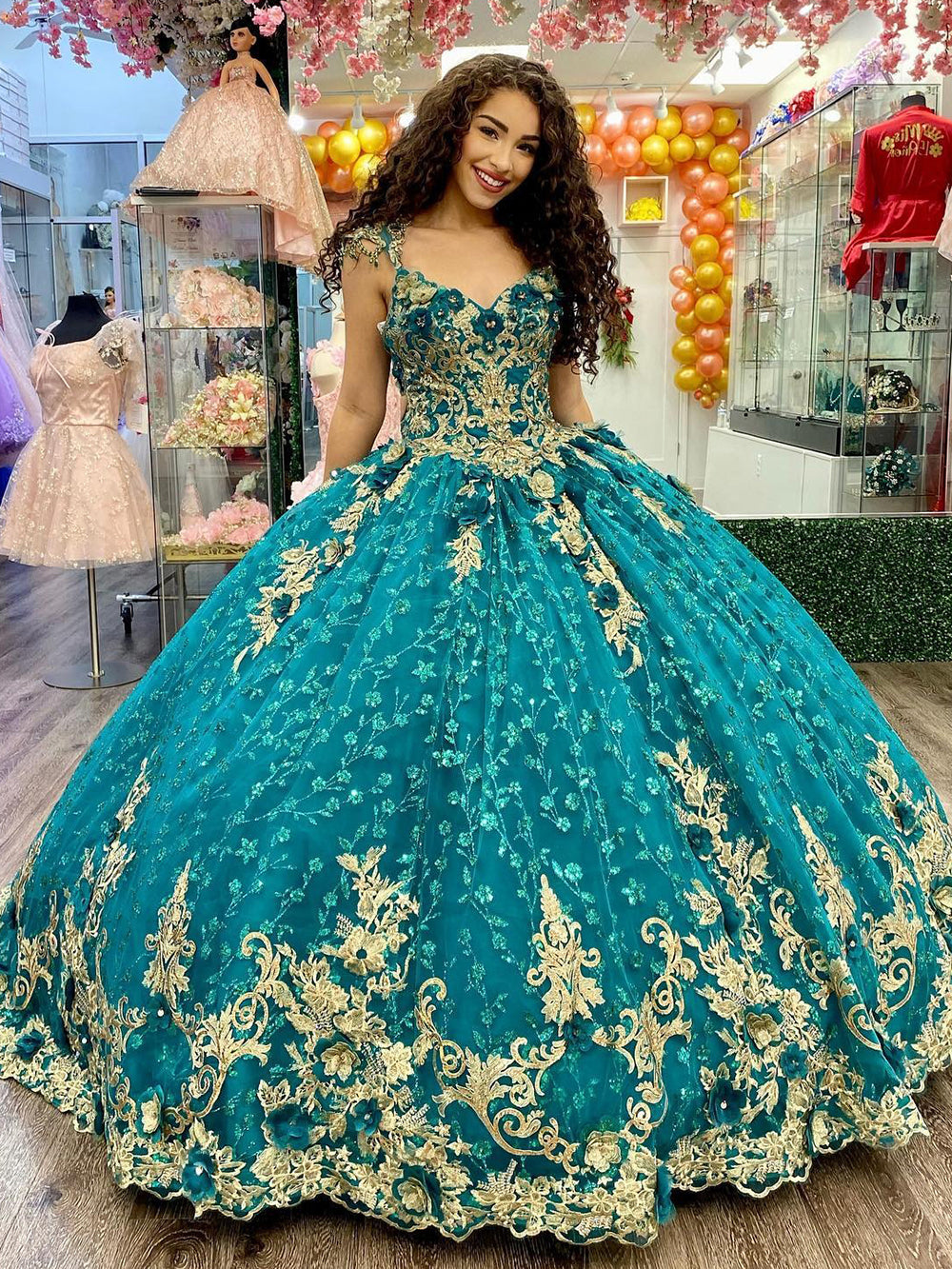 Misshow Hunter Green Quinceanera Dress Gold Lace Applique Sequined Beaded Ball Gown with V-Neck Straps & Tulle Skirt for Sweet 16 & Evening Galas