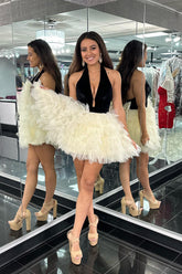 Misshow Ivory A Line Halter Tiered Short Homecoming Dress/Mini Dress With Bow