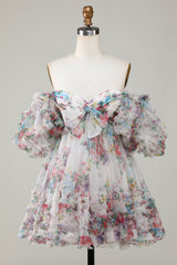 Misshow Ivory Puff Sleeves A-Line Floral Short Homecoming Dress/Mini Dress with Ruffles