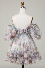 Misshow Ivory Puff Sleeves A-Line Floral Short Homecoming Dress/Mini Dress with Ruffles