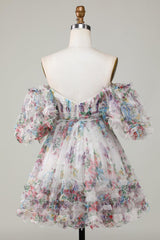 Misshow Ivory Puff Sleeves A-Line Floral Short Homecoming Dress/Mini Dress with Ruffles
