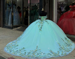 Misshow Lake Blue Ball Gown Off-Shoulder 3D Butterfly & Floral Tulle Quinceanera Dress for Sweet 16 & Evening Galas