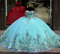 Misshow Lake Blue Ball Gown Off-Shoulder 3D Butterfly & Floral Tulle Quinceanera Dress for Sweet 16 & Evening Galas