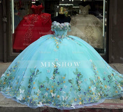 Misshow Lake Blue Ball Gown Off-Shoulder 3D Butterfly & Floral Tulle Quinceanera Dress for Sweet 16 & Evening Galas