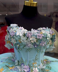 Misshow Lake Blue Ball Gown Off-Shoulder 3D Butterfly & Floral Tulle Quinceanera Dress for Sweet 16 & Evening Galas