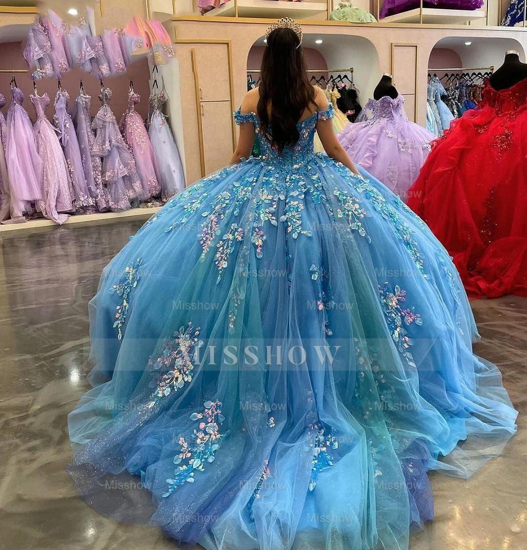 Misshow Lake Blue Ball Gown Off-Shoulder 3D Floral Lace Applique & Beaded Tulle Quinceanera Dress for Sweet 16 & Princess Parties