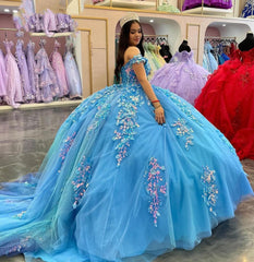 Misshow Lake Blue Ball Gown Off-Shoulder 3D Floral Lace Applique & Beaded Tulle Quinceanera Dress for Sweet 16 & Princess Parties
