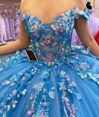 Misshow Lake Blue Ball Gown Off-Shoulder 3D Floral Lace Applique & Beaded Tulle Quinceanera Dress for Sweet 16 & Princess Parties