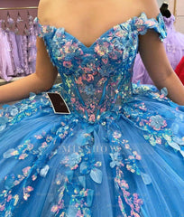 Misshow Lake Blue Ball Gown Off-Shoulder 3D Floral Lace Applique & Beaded Tulle Quinceanera Dress for Sweet 16 & Princess Parties
