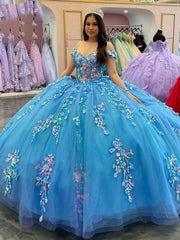 Misshow Lake Blue Ball Gown Off-Shoulder 3D Floral Lace Applique & Beaded Tulle Quinceanera Dress for Sweet 16 & Princess Parties