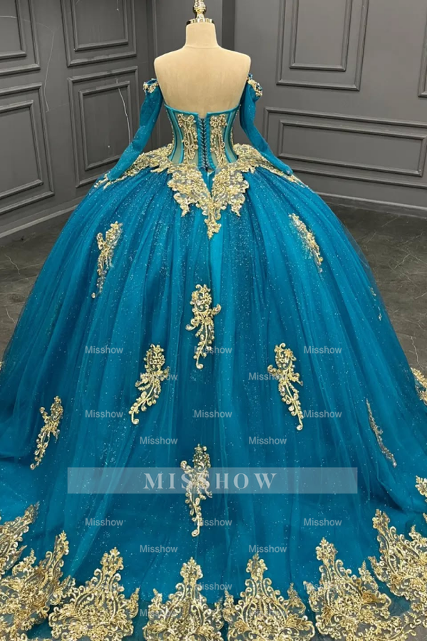Misshow Lake Blue Ball Gown Off-Shoulder Long Sleeves with 3D Gold Beaded Appliques for Quinceanera & Sweet 16