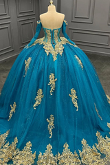Misshow Lake Blue Ball Gown Off-Shoulder Long Sleeves with 3D Gold Beaded Appliques for Quinceanera & Sweet 16