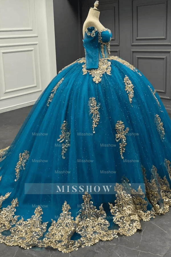 Misshow Lake Blue Ball Gown Off-Shoulder Long Sleeves with 3D Gold Beaded Appliques for Quinceanera & Sweet 16