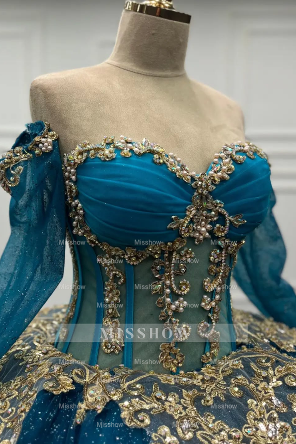 Misshow Lake Blue Ball Gown Off-Shoulder Long Sleeves with 3D Gold Beaded Appliques for Quinceanera & Sweet 16