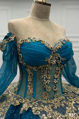 Misshow Lake Blue Ball Gown Off-Shoulder Long Sleeves with 3D Gold Beaded Appliques for Quinceanera & Sweet 16