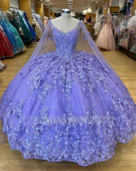 Misshow Lavender Ball Gown with Sweetheart Neckline Long Sleeves & 3D Butterfly Lace Appliques Beaded Tulle Quinceanera Dress for Sweet 16