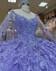 Misshow Lavender Ball Gown with Sweetheart Neckline Long Sleeves & 3D Butterfly Lace Appliques Beaded Tulle Quinceanera Dress for Sweet 16