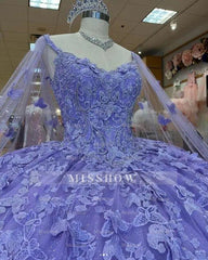 Misshow Lavender Ball Gown with Sweetheart Neckline Long Sleeves & 3D Butterfly Lace Appliques Beaded Tulle Quinceanera Dress for Sweet 16