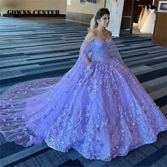 Misshow Lavender Ball Gown with Sweetheart Neckline Long Sleeves & 3D Butterfly Lace Appliques Beaded Tulle Quinceanera Dress for Sweet 16
