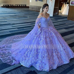 Misshow Lavender Ball Gown with Sweetheart Neckline Long Sleeves & 3D Butterfly Lace Appliques Beaded Tulle Quinceanera Dress for Sweet 16