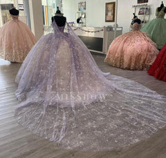 Misshow Lavender Champagne Ball Gown Sweetheart Neckline with Floral Lace Appliques & Tulle Skirt for Quinceanera Prom or Sweet 16