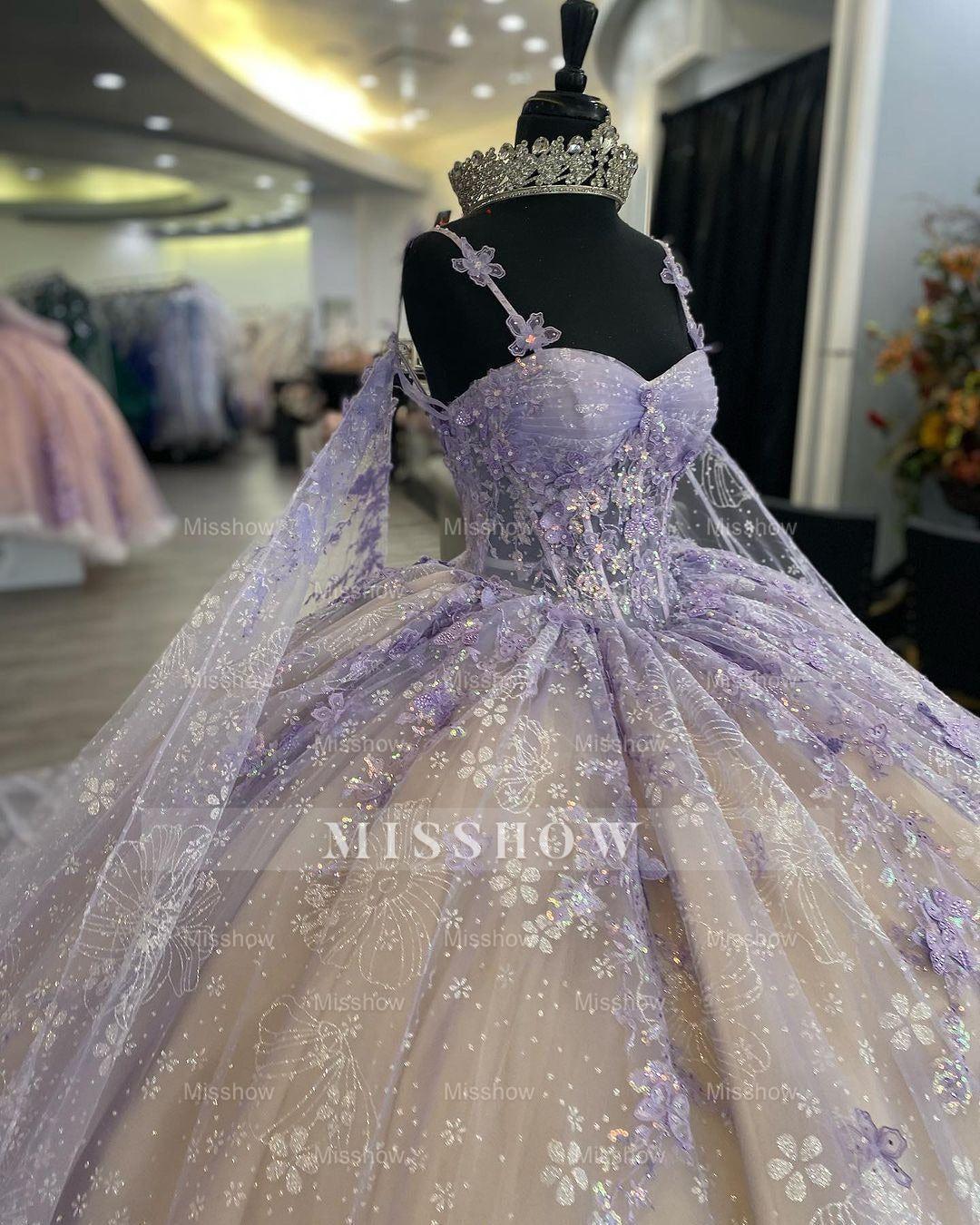 Misshow Lavender Champagne Ball Gown Sweetheart Neckline with Floral Lace Appliques & Tulle Skirt for Quinceanera Prom or Sweet 16