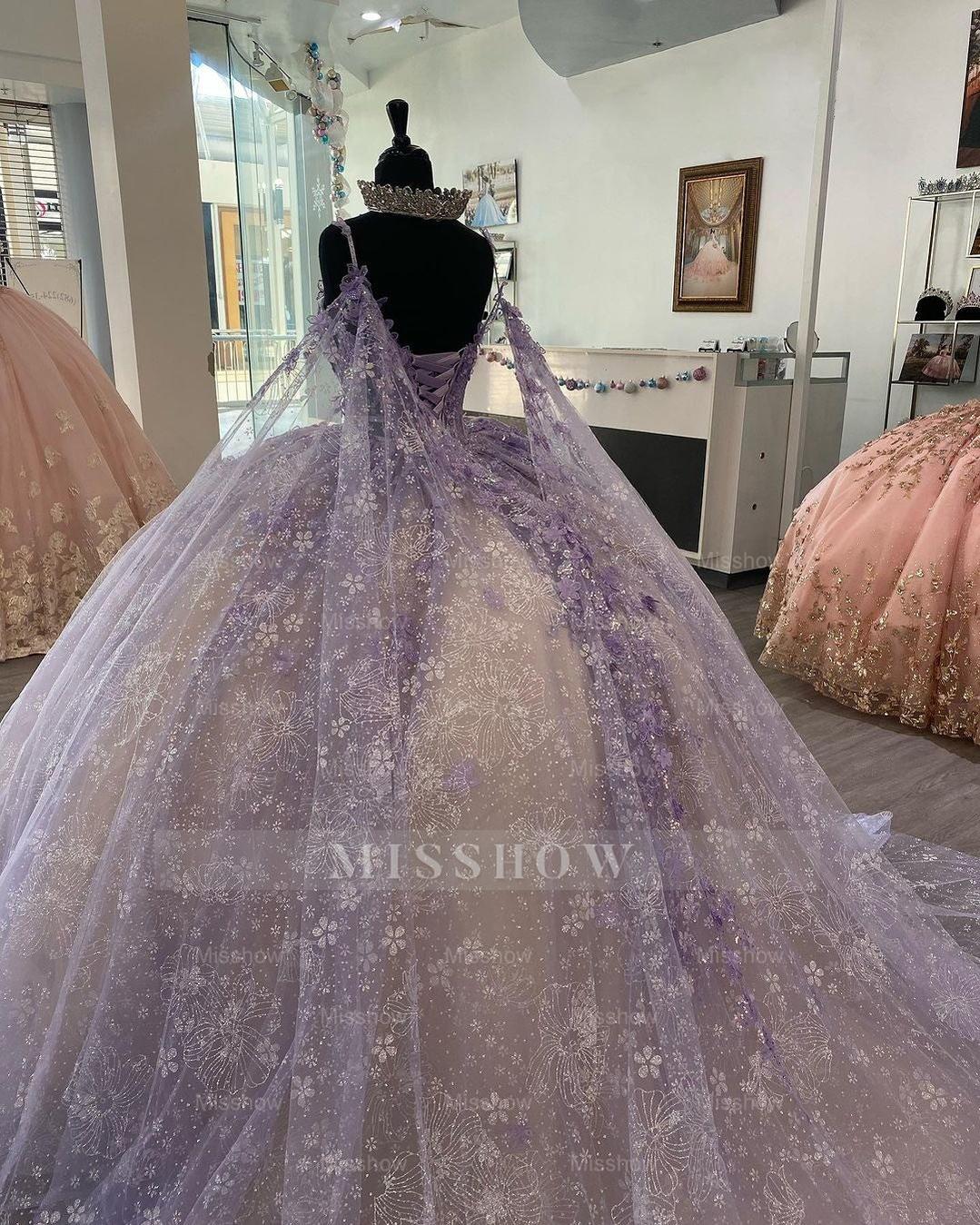 Misshow Lavender Champagne Ball Gown Sweetheart Neckline with Floral Lace Appliques & Tulle Skirt for Quinceanera Prom or Sweet 16