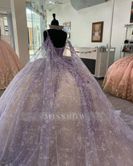 Misshow Lavender Champagne Ball Gown Sweetheart Neckline with Floral Lace Appliques & Tulle Skirt for Quinceanera Prom or Sweet 16