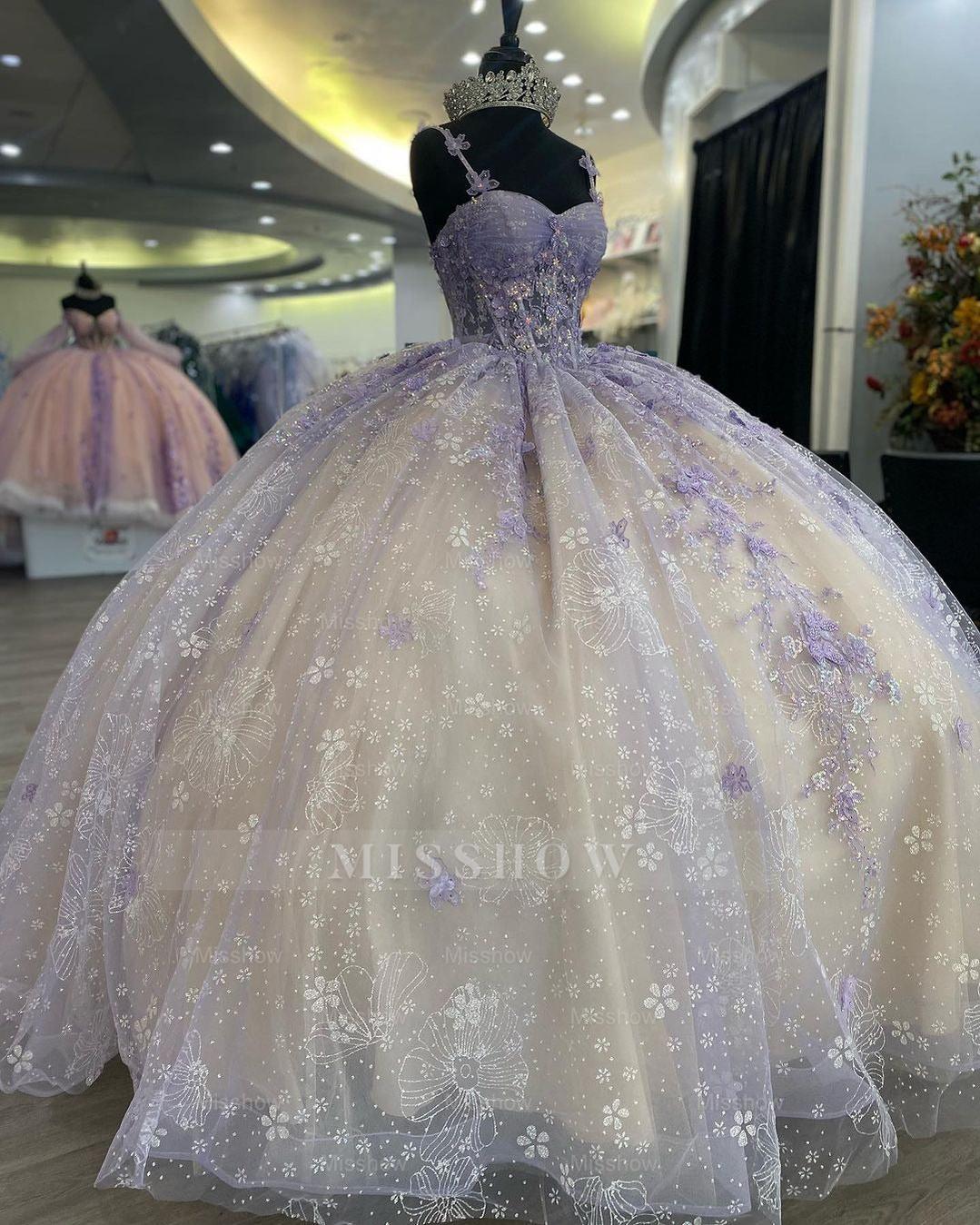 Misshow Lavender Champagne Ball Gown Sweetheart Neckline with Floral Lace Appliques & Tulle Skirt for Quinceanera Prom or Sweet 16