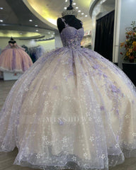 Misshow Lavender Champagne Ball Gown Sweetheart Neckline with Floral Lace Appliques & Tulle Skirt for Quinceanera Prom or Sweet 16