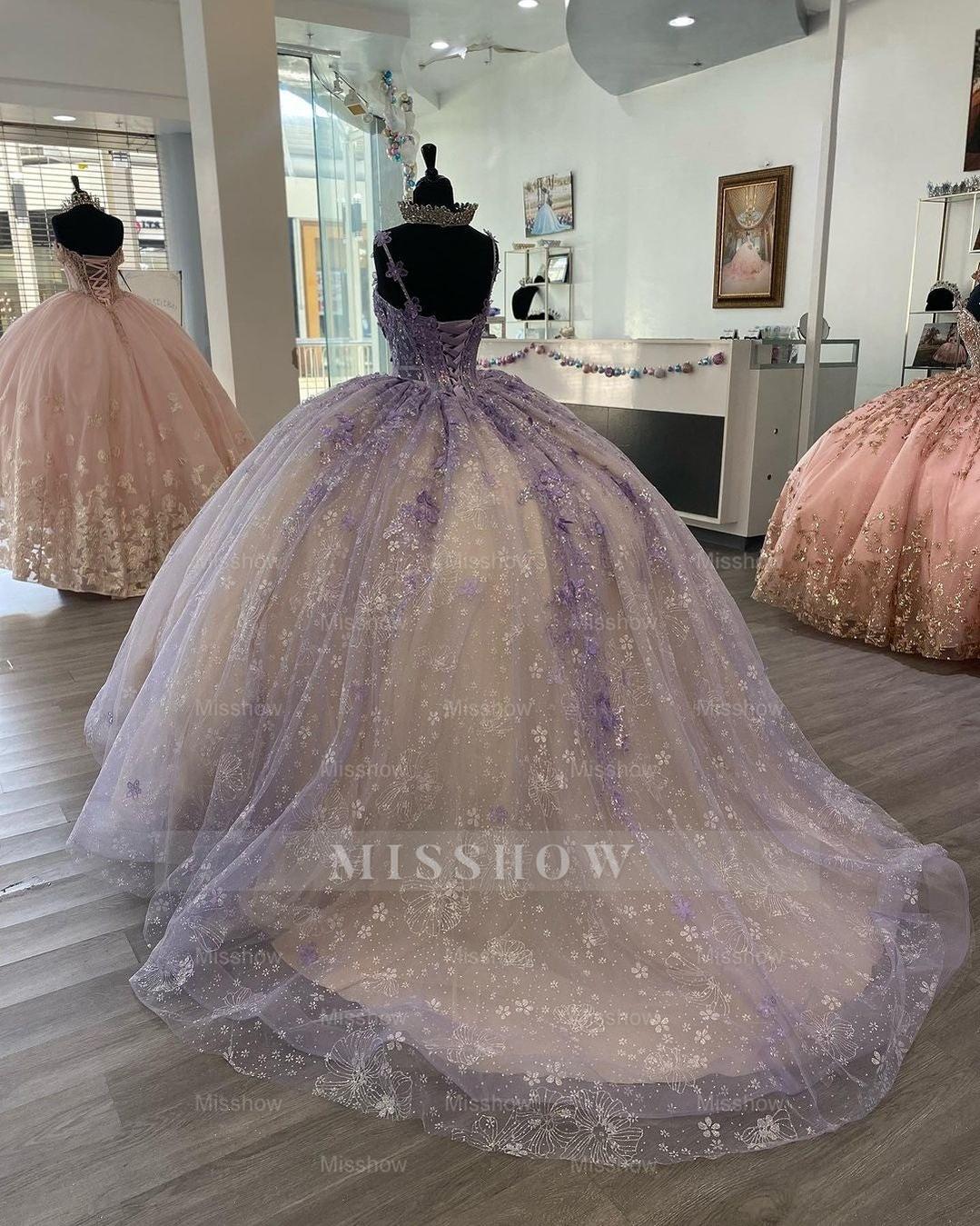 Misshow Lavender Champagne Ball Gown Sweetheart Neckline with Floral Lace Appliques & Tulle Skirt for Quinceanera Prom or Sweet 16