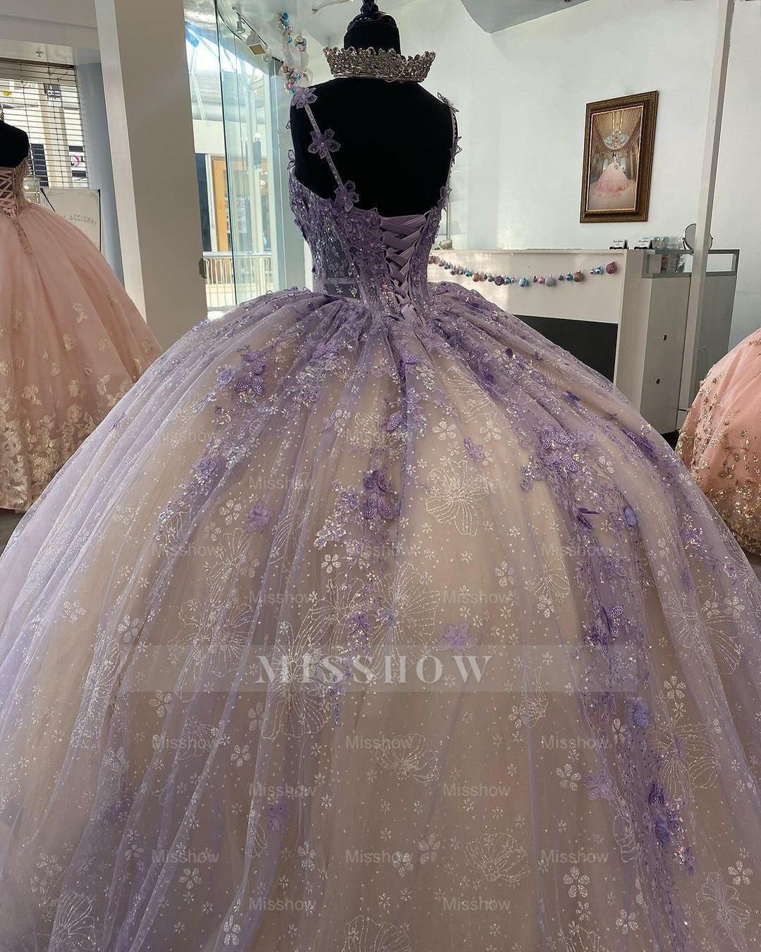 Misshow Lavender Champagne Ball Gown Sweetheart Neckline with Floral Lace Appliques & Tulle Skirt for Quinceanera Prom or Sweet 16
