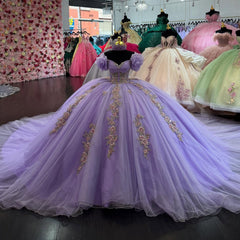 Misshow Lavender Glitter Tulle Quinceanera Dress Off-Shoulder Sleeveless Ball Gown with Beaded Flower Appliques for Sweet 16 & Birthday Parties