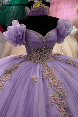 Misshow Lavender Glitter Tulle Quinceanera Dress Off-Shoulder Sleeveless Ball Gown with Beaded Flower Appliques for Sweet 16 & Birthday Parties