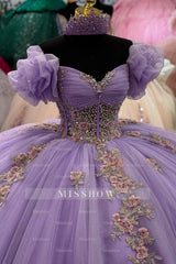 Misshow Lavender Glitter Tulle Quinceanera Dress Off-Shoulder Sleeveless Ball Gown with Beaded Flower Appliques for Sweet 16 & Birthday Parties